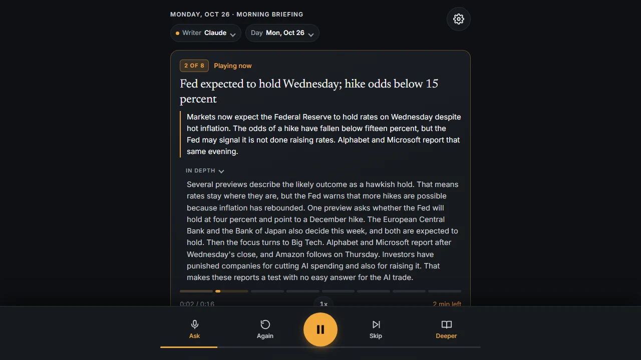 The briefing player mid-story: the headline, the spoken summary marked as being read, the in-depth text below it, and the Ask, Again, Play, Skip and Deeper controls