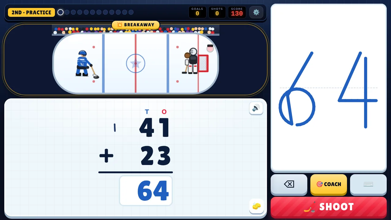 The game on an iPad with a demo player: a two-digit addition on a paper-style card with a scratch mark, the answer 64 handwritten in the box on the right, a hockey rink and scoreboard above