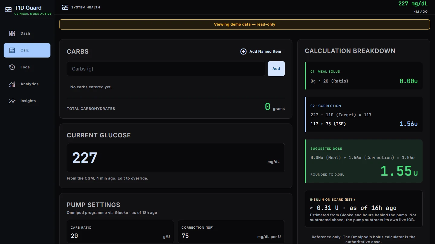 Dose calculator: carbs, current glucose, pump settings and the calculation breakdown