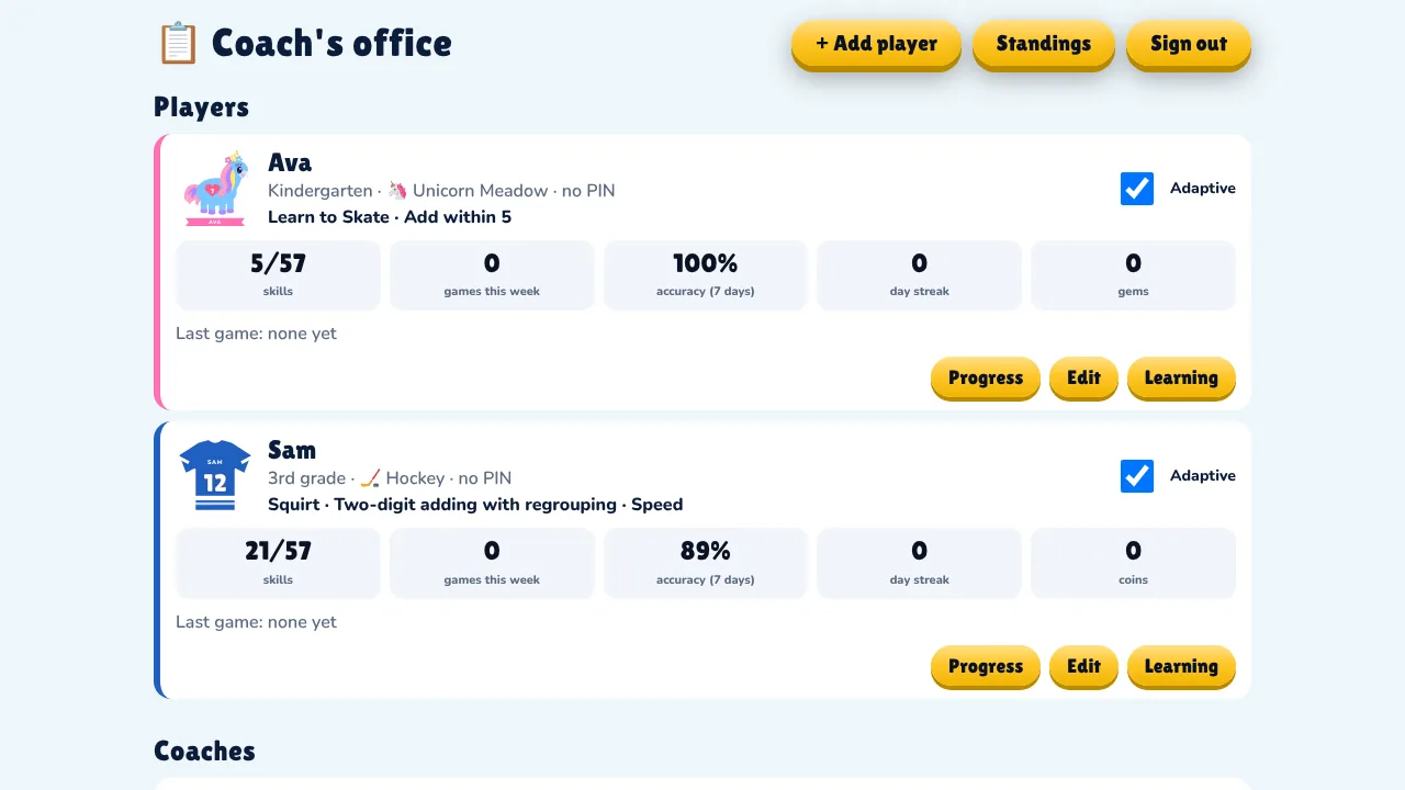 Coach's office with two demo players, one card each: grade, world, current skill, skills mastered, games this week, 7-day accuracy, streak, coins, and an Adaptive switch