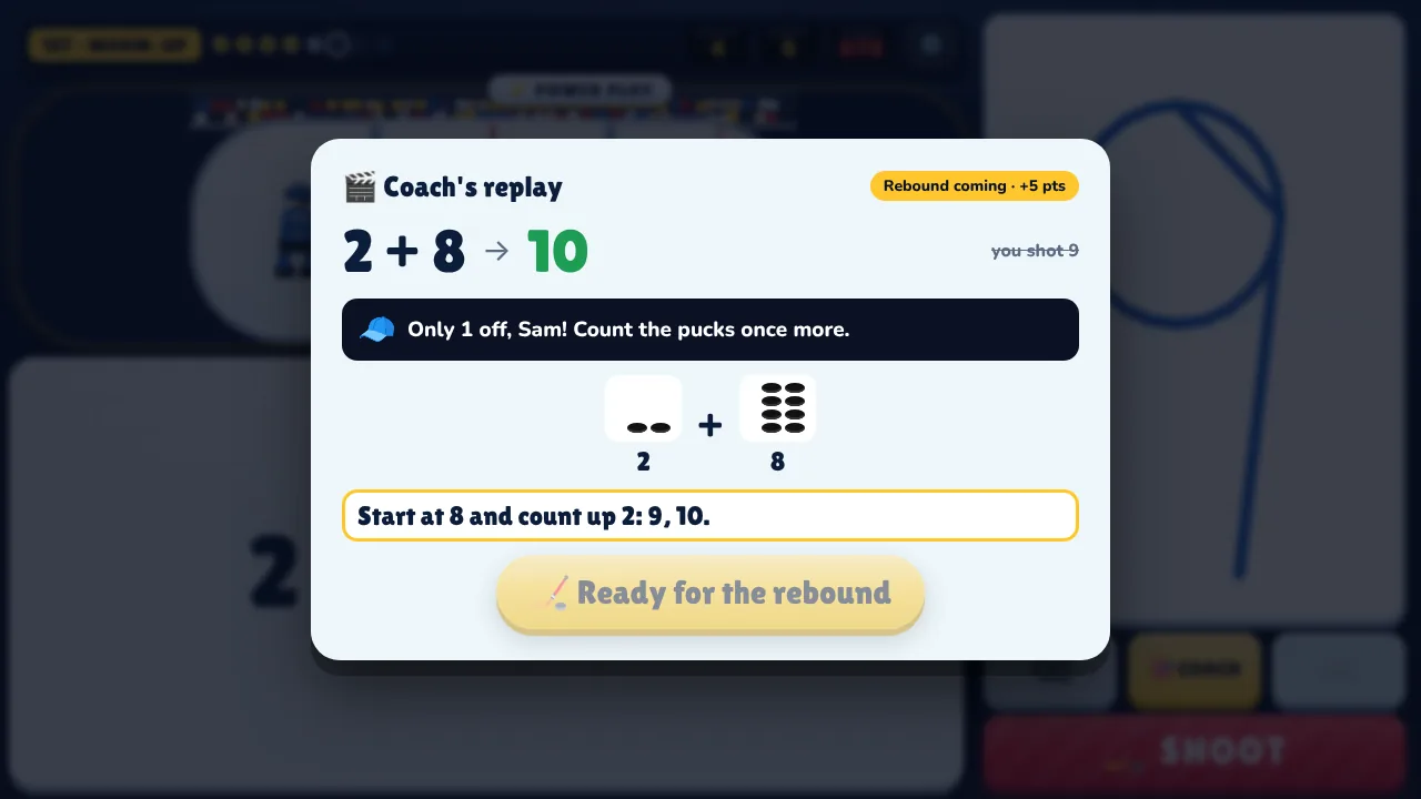 Coach's replay sheet after a miss: 2 plus 8 is 10, the wrong answer 9 crossed out, the two numbers as pucks, one worked step and a Ready for the rebound button