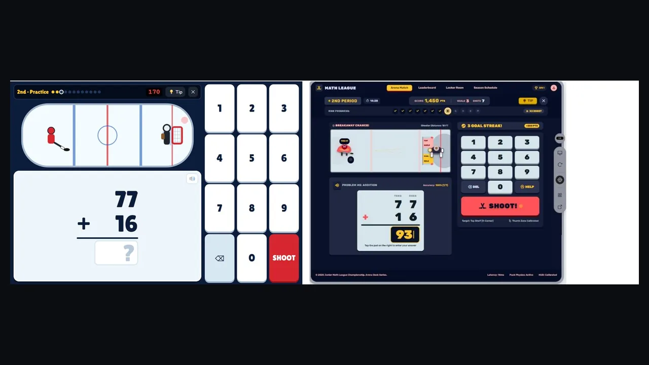 Side by side: the first version of the game, a plain card with a number pad, next to Stitch's redesign with a nav bar, countdown clock, streak banners and stat labels