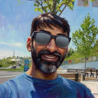 Nishan Mahbubani, smiling in sunglasses outdoors, painted style